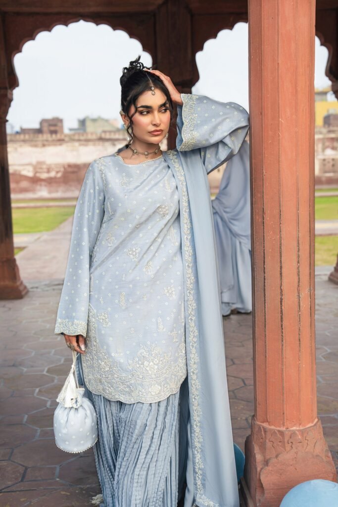 Chandni Bagh: grey-blue embroidered kameez with sharara and dupatta by Anaa Khan