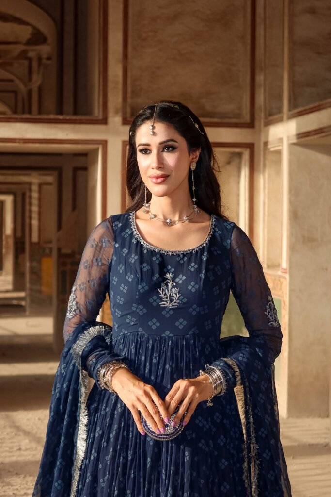 Deewana Nigar - I: navy sheer embroidered Anaa Khan anarkali with statement jewellery